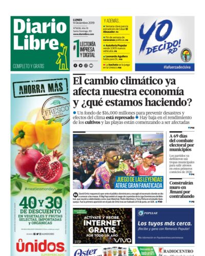 Portada Periódico Diario Libre, Lunes 09 de Diciembre, 2019