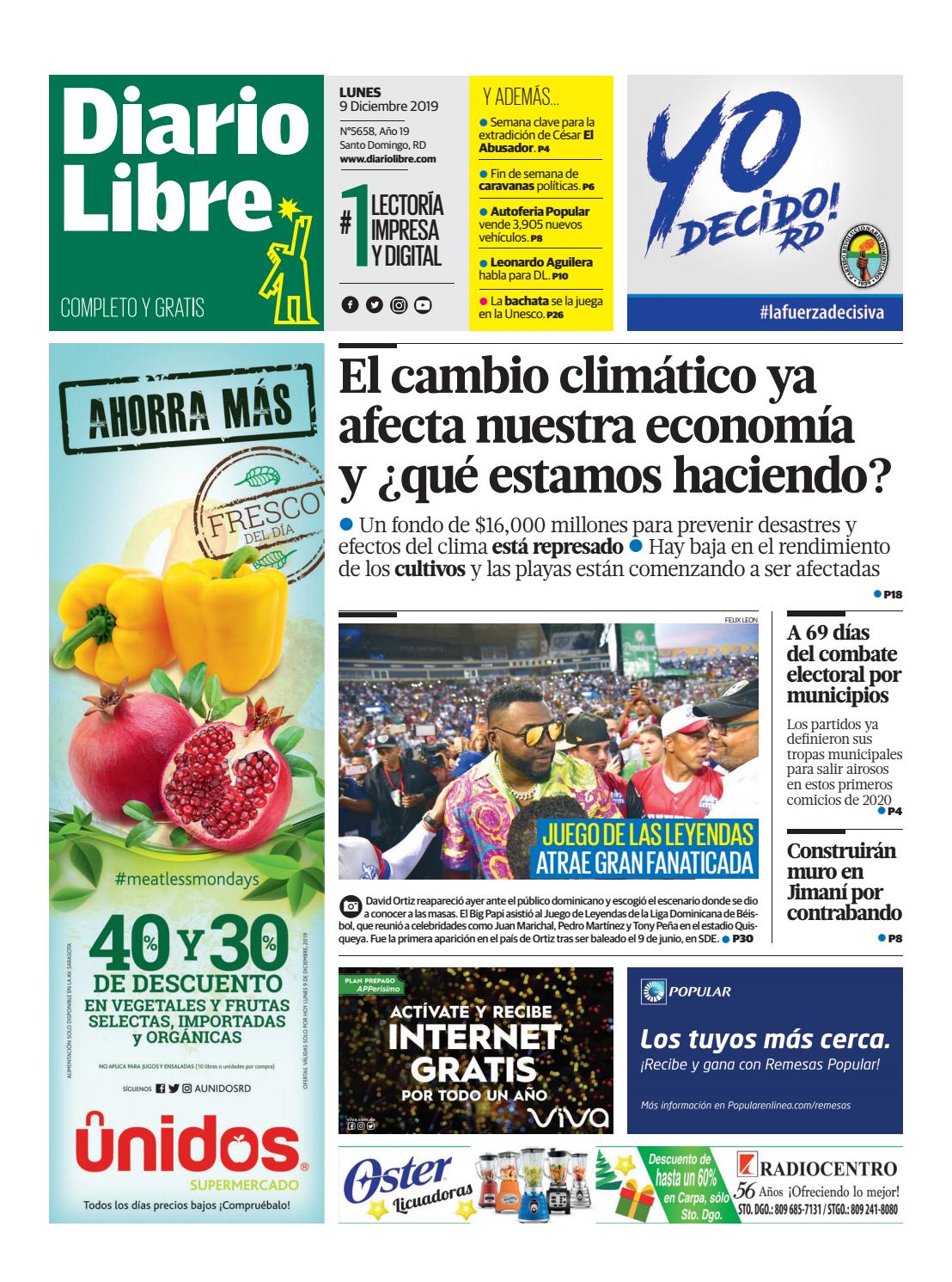 Portada Periódico Diario Libre, Lunes 09 de Diciembre, 2019
