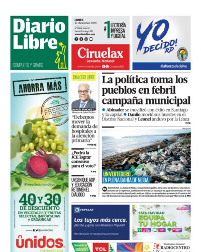 Portada Periódico Diario Libre, Lunes 16 de Diciembre, 2019