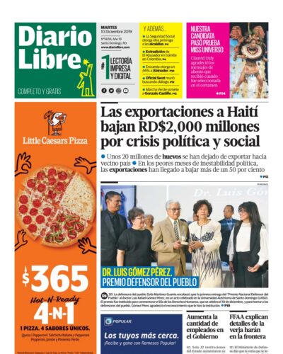 Portada Periódico Diario Libre, Martes 10 de Diciembre, 2019