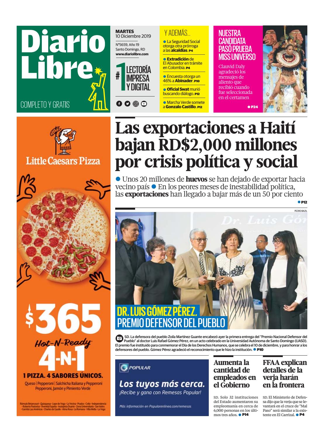 Portada Periódico Diario Libre, Martes 10 de Diciembre, 2019