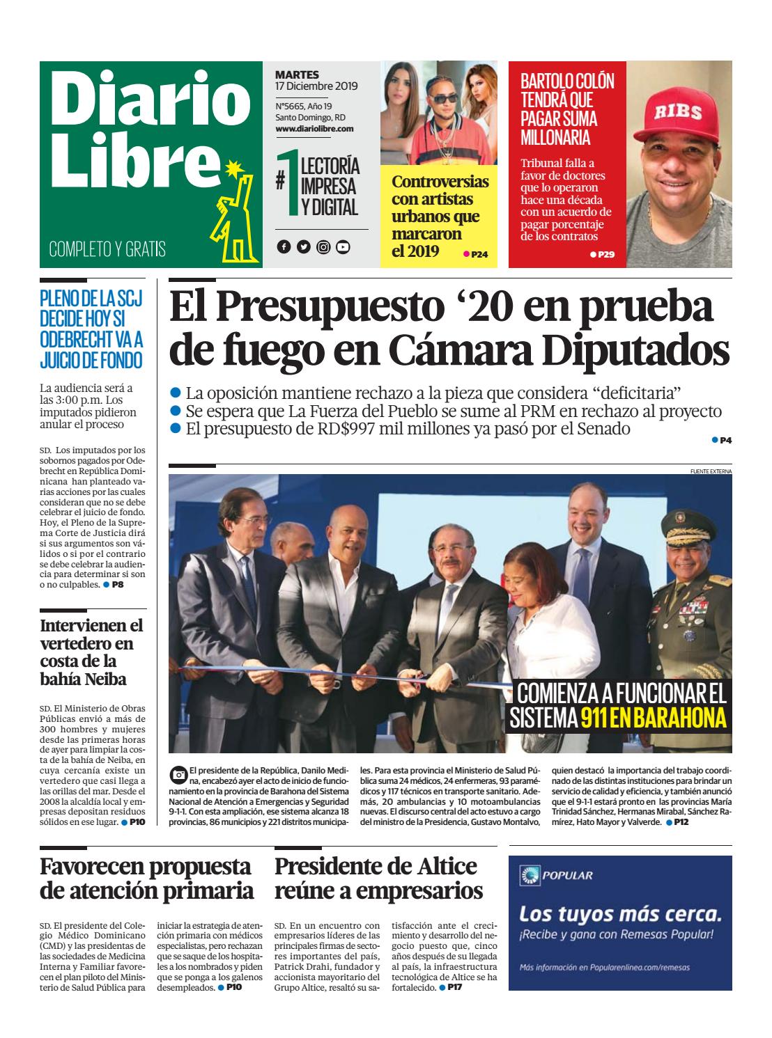 Portada Periódico Diario Libre, Martes 17 de Diciembre, 2019