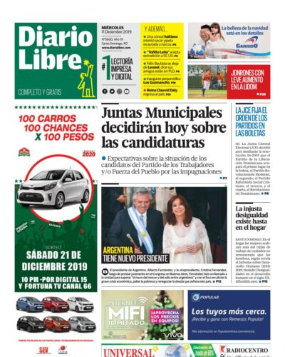 Portada Periódico Diario Libre, Miércoles 11 de Diciembre, 2019
