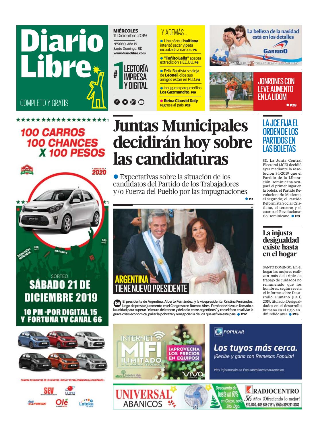 Portada Periódico Diario Libre, Miércoles 11 de Diciembre, 2019