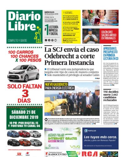 Portada Periódico Diario Libre, Miércoles 18 de Diciembre, 2019