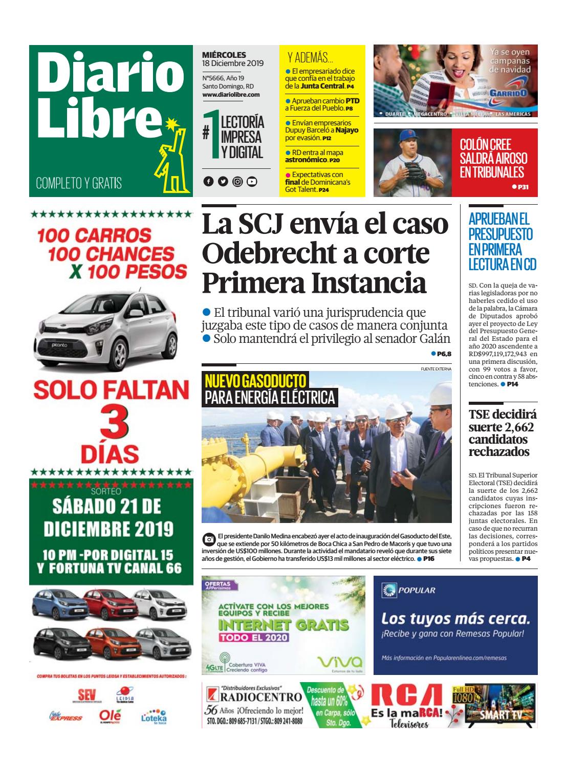 Portada Periódico Diario Libre, Miércoles 18 de Diciembre, 2019