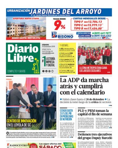 Portada Periódico Diario Libre, Sábado 14 de Diciembre, 2019