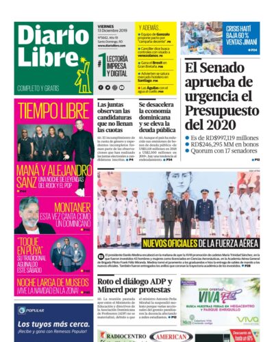 Portada Periódico Diario Libre, Viernes 13 de Diciembre, 2019