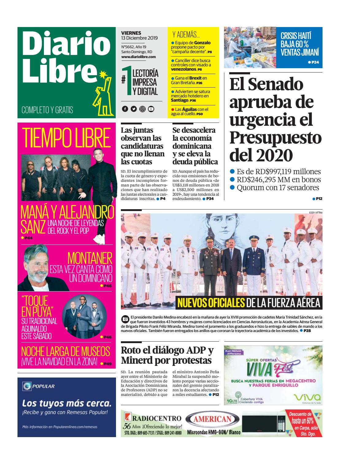 Portada Periódico Diario Libre, Viernes 13 de Diciembre, 2019