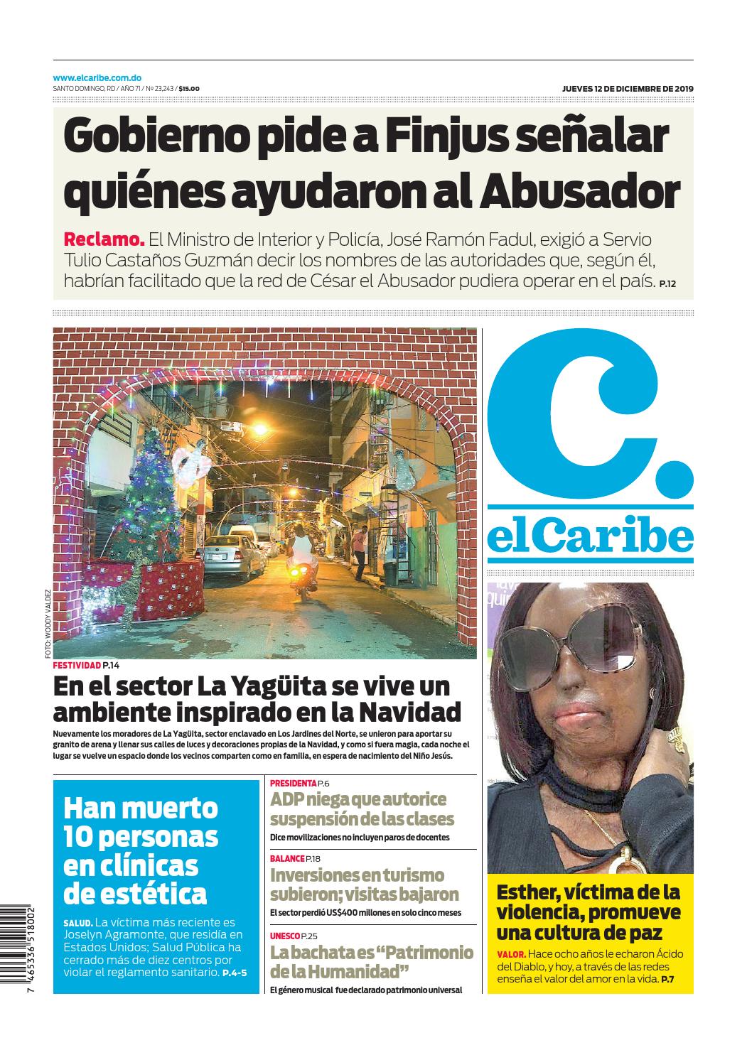Portada Periódico El Caribe, Jueves 12 de Diciembre, 2019