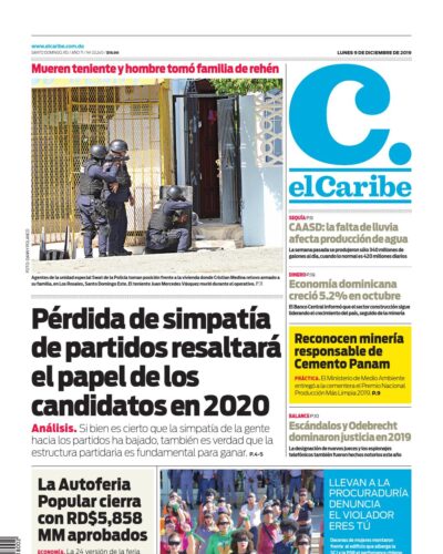 Portada Periódico El Caribe, Lunes 09 de Diciembre, 2019