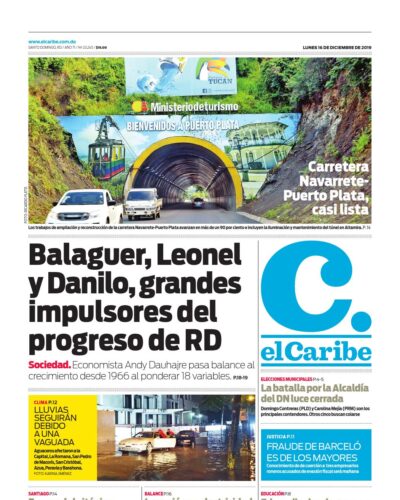 Portada Periódico El Caribe, Lunes 16 de Diciembre, 2019