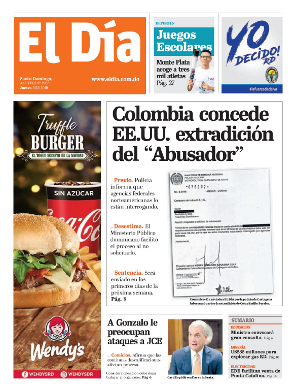 Portada Periódico El Día, Jueves 05 de Diciembre, 2019