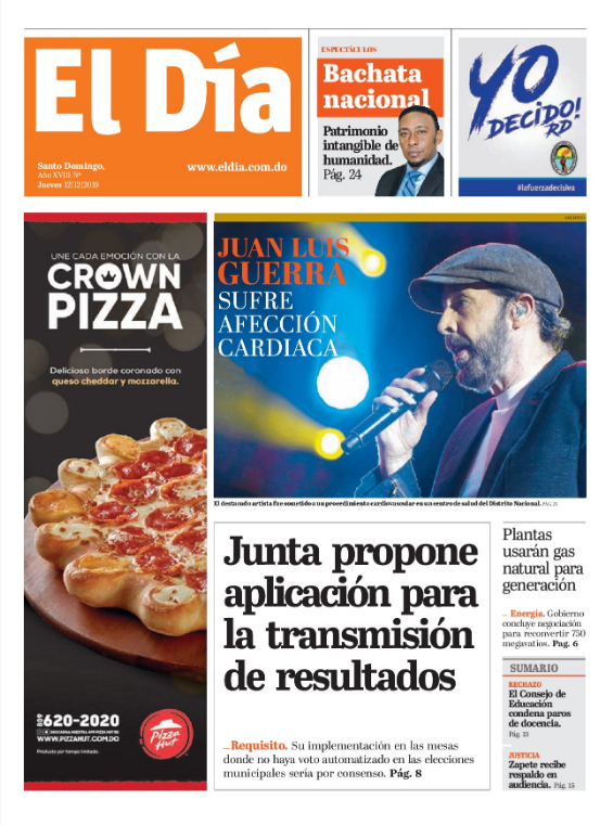 Portada Periódico El Día, Jueves 12 de Diciembre, 2019