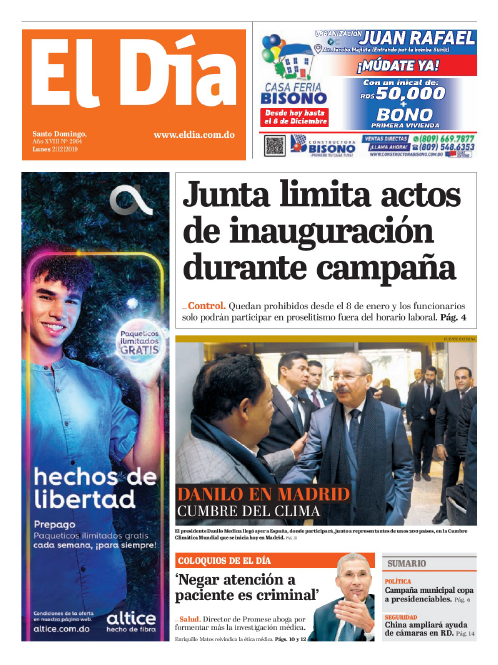 Portada Periódico El Día, Lunes 02 de Diciembre, 2019