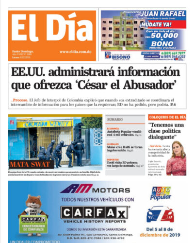 Portada Periódico El Día, Lunes 09 de Diciembre, 2019