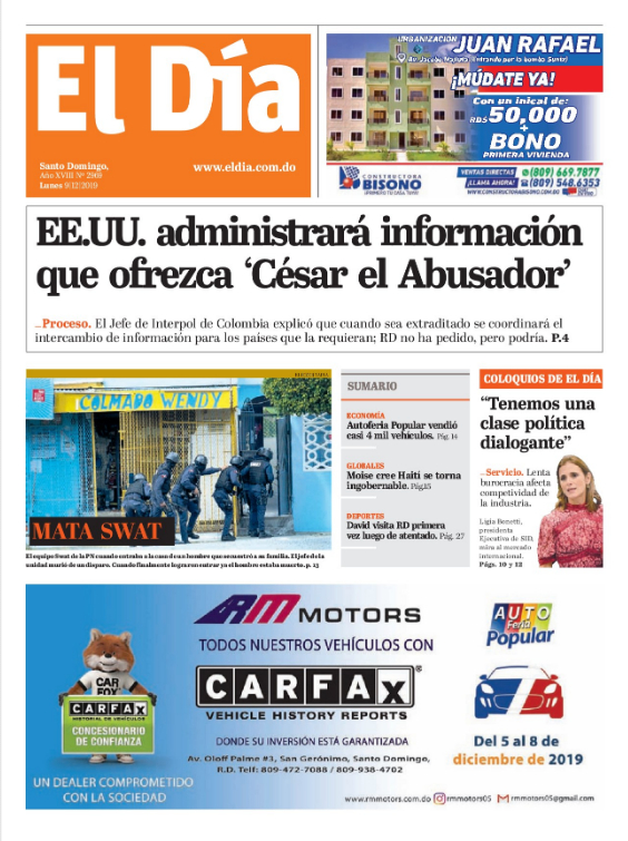 Portada Periódico El Día, Lunes 09 de Diciembre, 2019