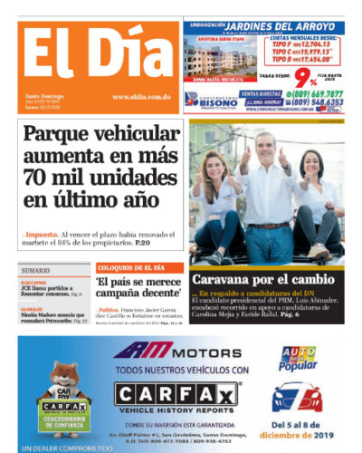 Portada Periódico El Día, Lunes 16 de Diciembre, 2019