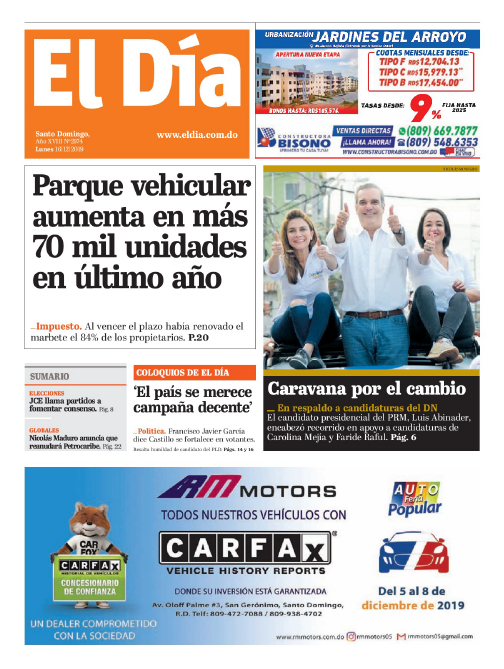 Portada Periódico El Día, Lunes 16 de Diciembre, 2019