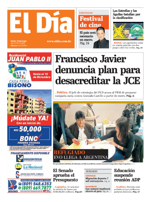 Portada Periódico El Día, Viernes 13 de Diciembre, 2019