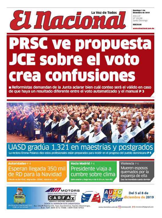 Portada Periódico El Nacional, Domingo 01 de Diciembre, 2019