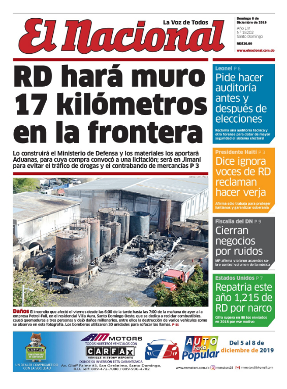 Portada Periódico El Nacional, Domingo 08 de Diciembre, 2019