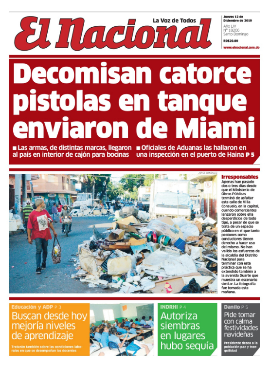 Portada Periódico El Nacional, Jueves 12 de Diciembre, 2019