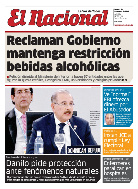 Portada Periódico El Nacional, Lunes 02 de Diciembre, 2019