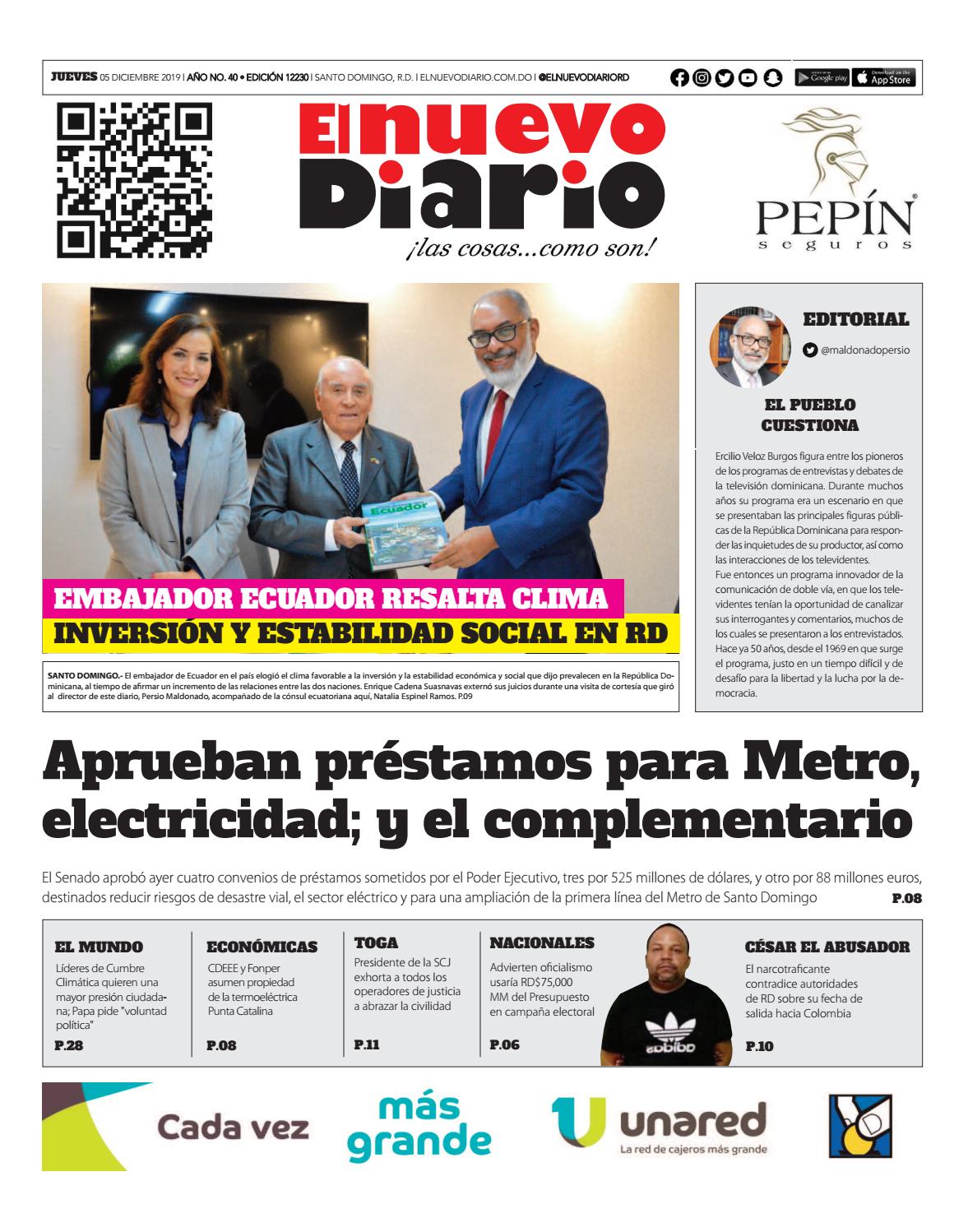 Portada Periódico El Nuevo Diario, Jueves 05 de Diciembre, 2019