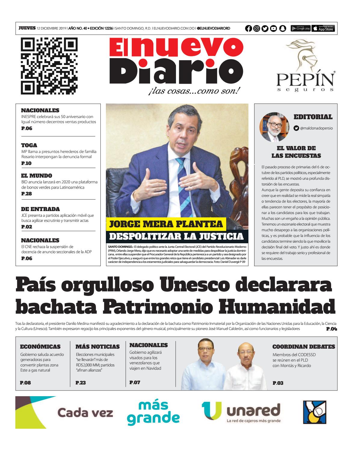 Portada Periódico El Nuevo Diario, Jueves 12 de Diciembre, 2019