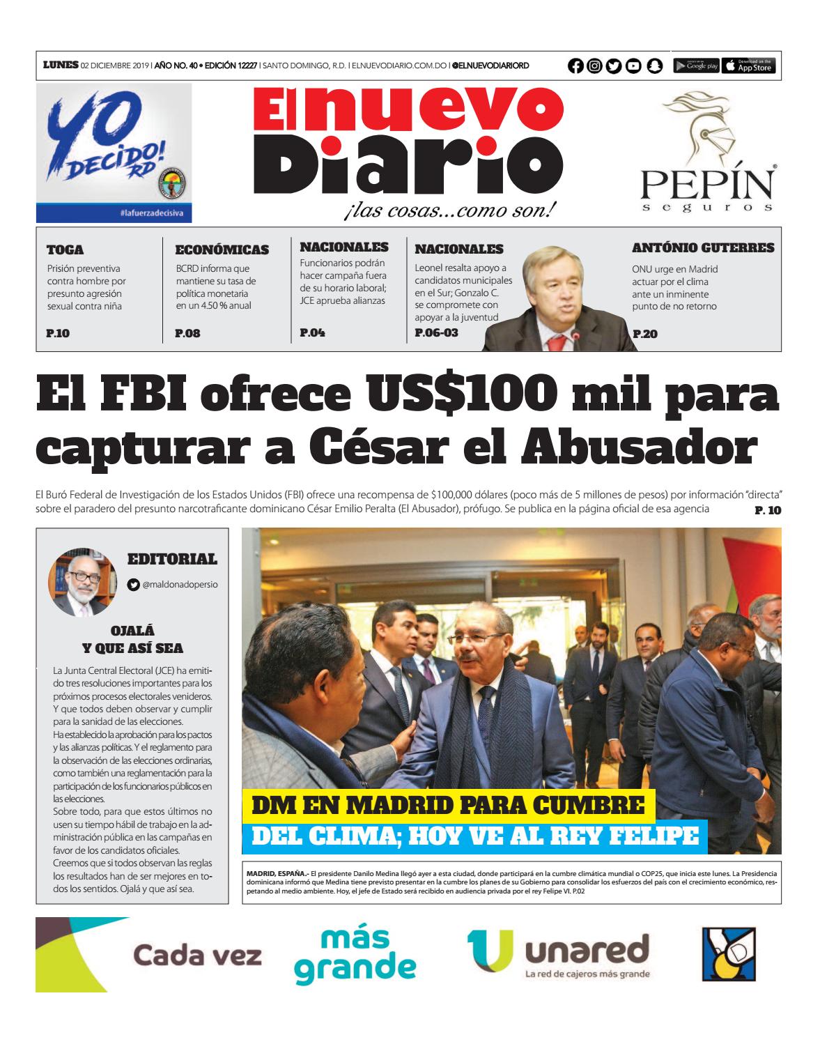 Portada Periódico El Nuevo Diario, Lunes 02 de Diciembre, 2019