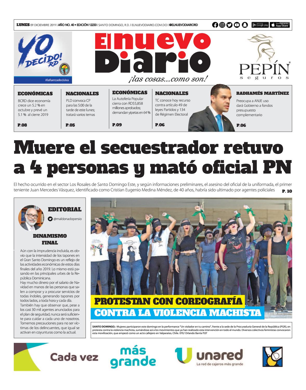 Portada Periódico El Nuevo Diario, Lunes 09 de Diciembre, 2019