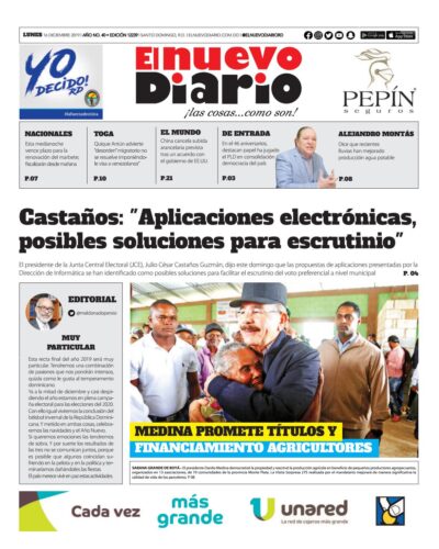 Portada Periódico El Nuevo Diario, Lunes 16 de Diciembre, 2019