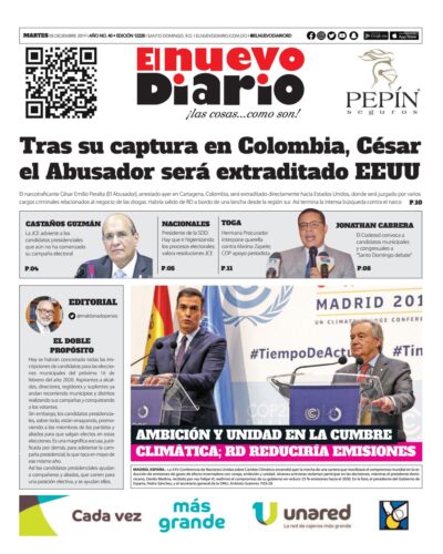 Portada Periódico El Nuevo Diario, Martes 03 de Diciembre, 2019