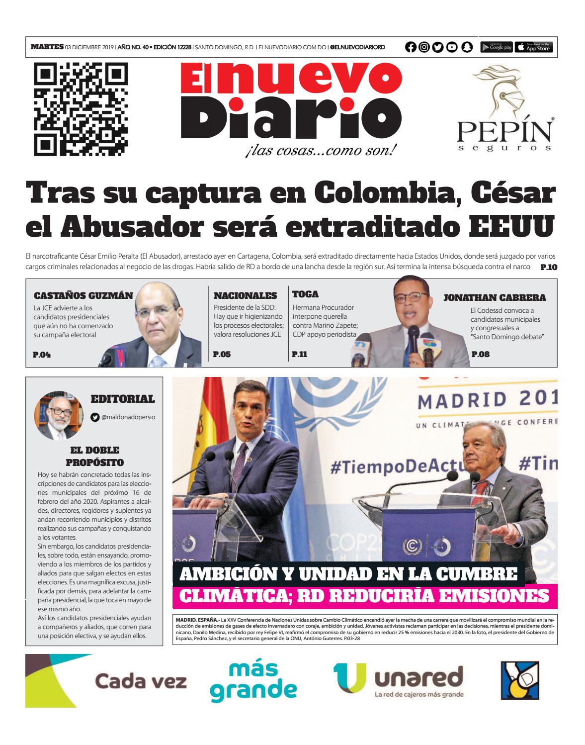 Portada Periódico El Nuevo Diario, Martes 03 de Diciembre, 2019