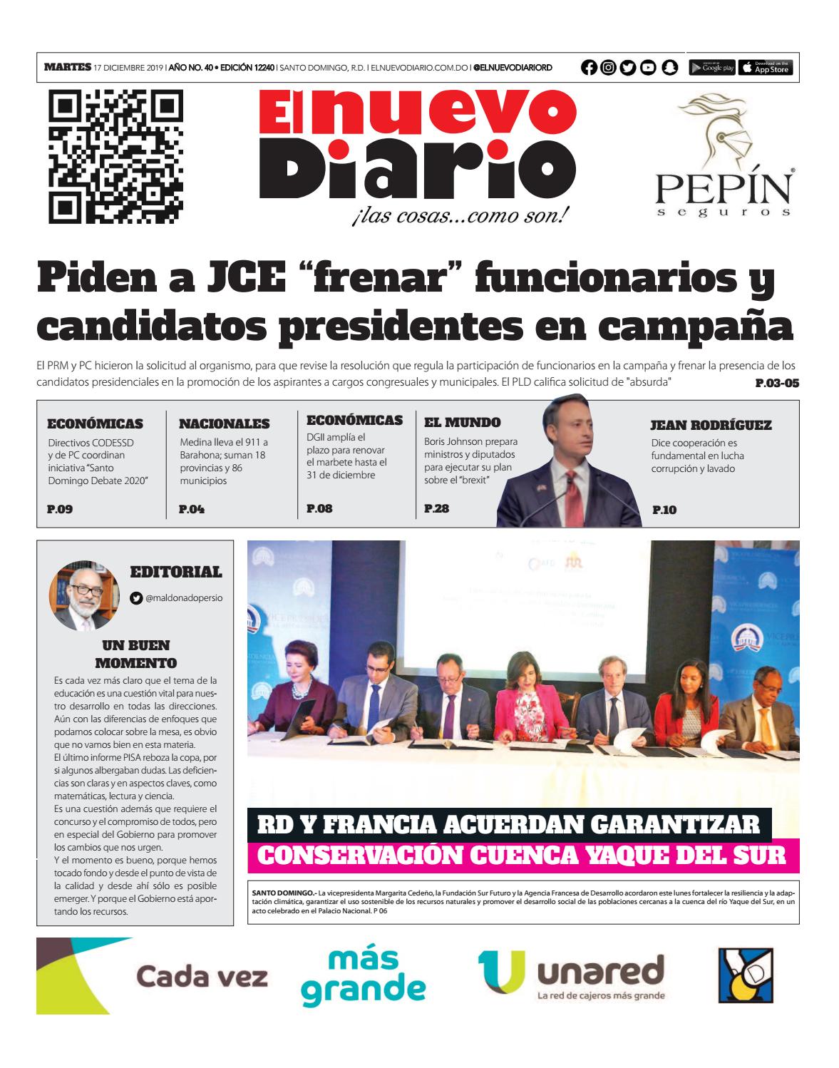 Portada Periódico El Nuevo Diario, Martes 17 de Diciembre, 2019