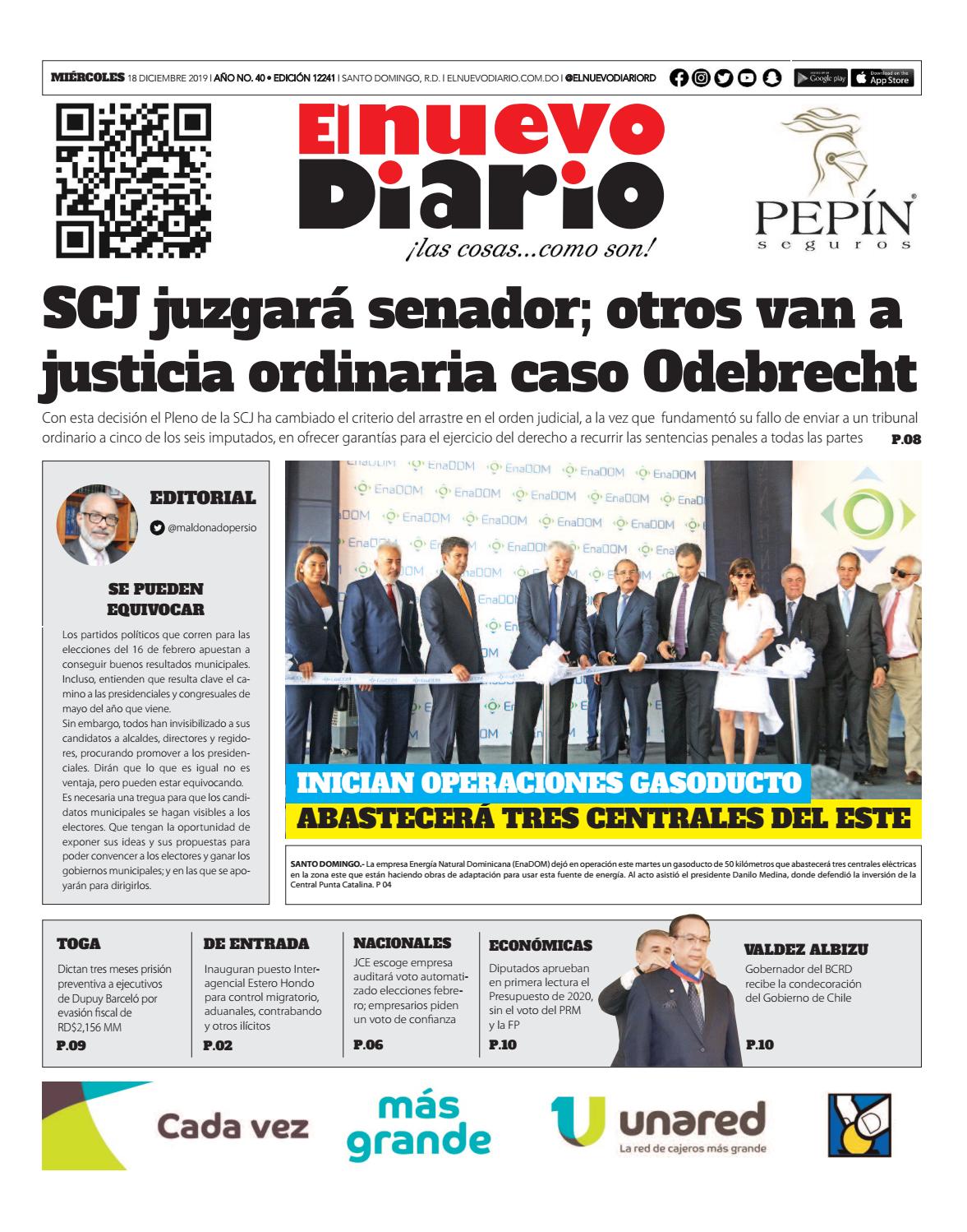 Portada Periódico El Nuevo Diario, Miércoles 18 de Diciembre, 2019