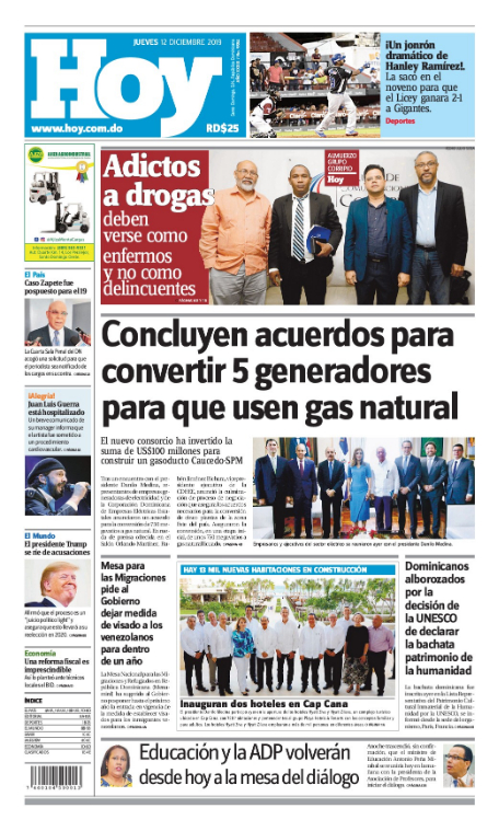 Portada Periódico Hoy, Jueves 12 de Diciembre, 2019