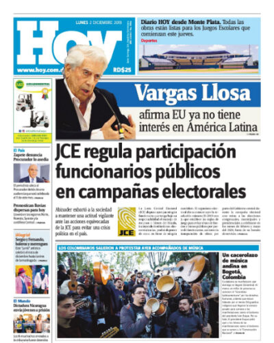 Portada Periódico Hoy, Lunes 02 de Diciembre, 2019