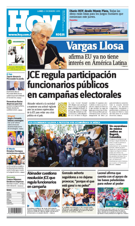 Portada Periódico Hoy, Lunes 02 de Diciembre, 2019