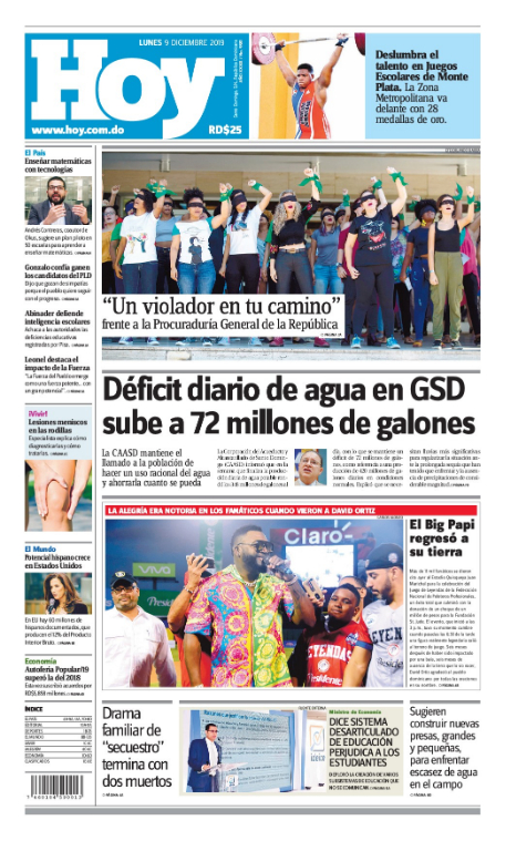 Portada Periódico Hoy, Lunes 09 de Diciembre, 2019