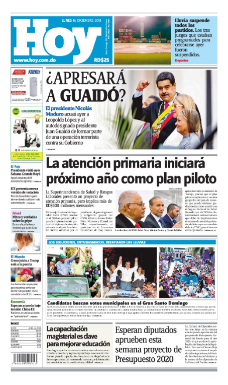 Portada Periódico Hoy, Lunes 16 de Diciembre, 2019