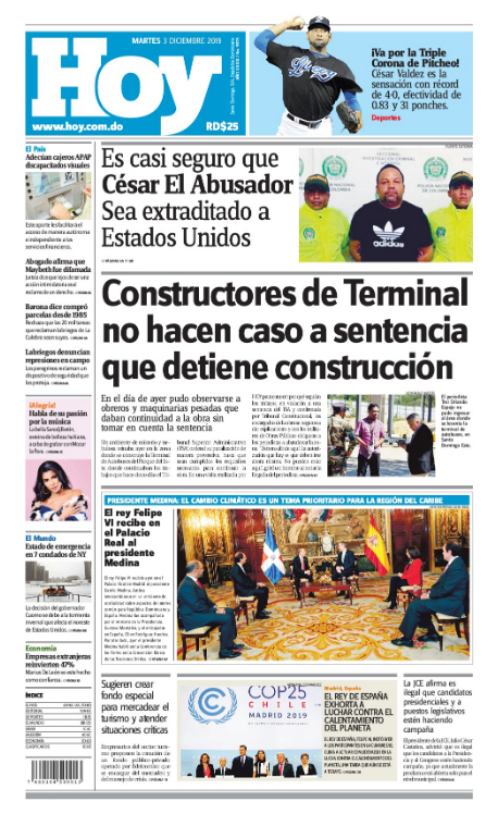 Portada Periódico Hoy, Martes 03 de Diciembre, 2019