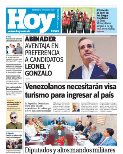 Portada Periódico Hoy, Martes 10 de Diciembre, 2019