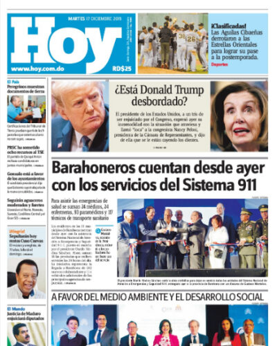 Portada Periódico Hoy, Martes 17 de Diciembre, 2019