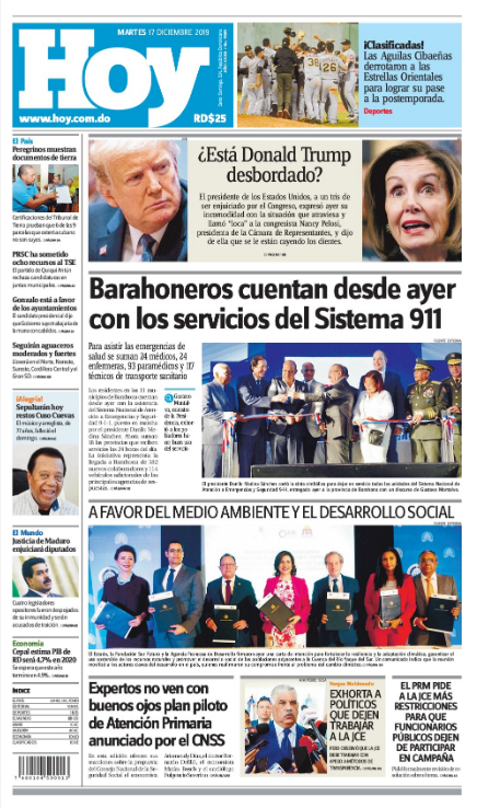 Portada Periódico Hoy, Martes 17 de Diciembre, 2019