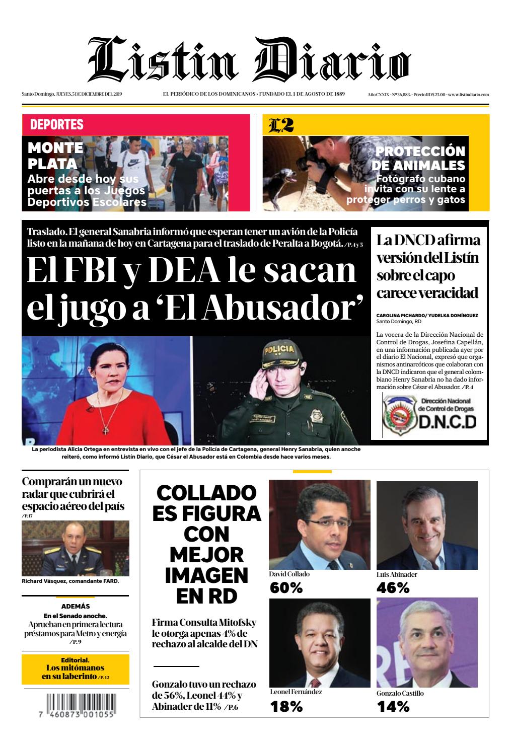 Portada Periódico Listín Diario, Jueves 05 de Diciembre, 2019