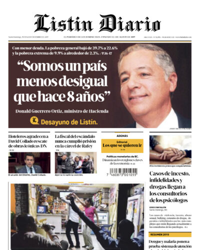 Portada Periódico Listín Diario, Jueves 12 de Diciembre, 2019