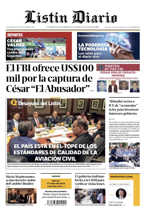 Portada Periódico Listín Diario, Lunes 02 de Diciembre, 2019