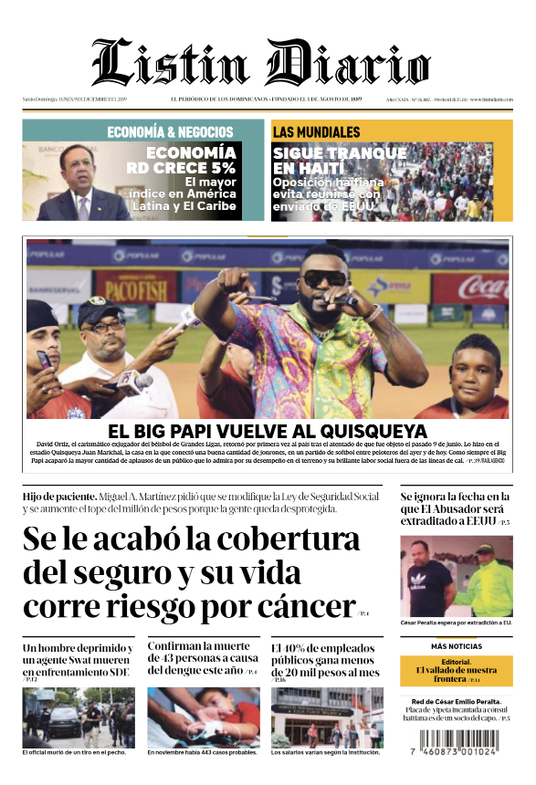 Portada Periódico Listín Diario, Lunes 09 de Diciembre, 2019